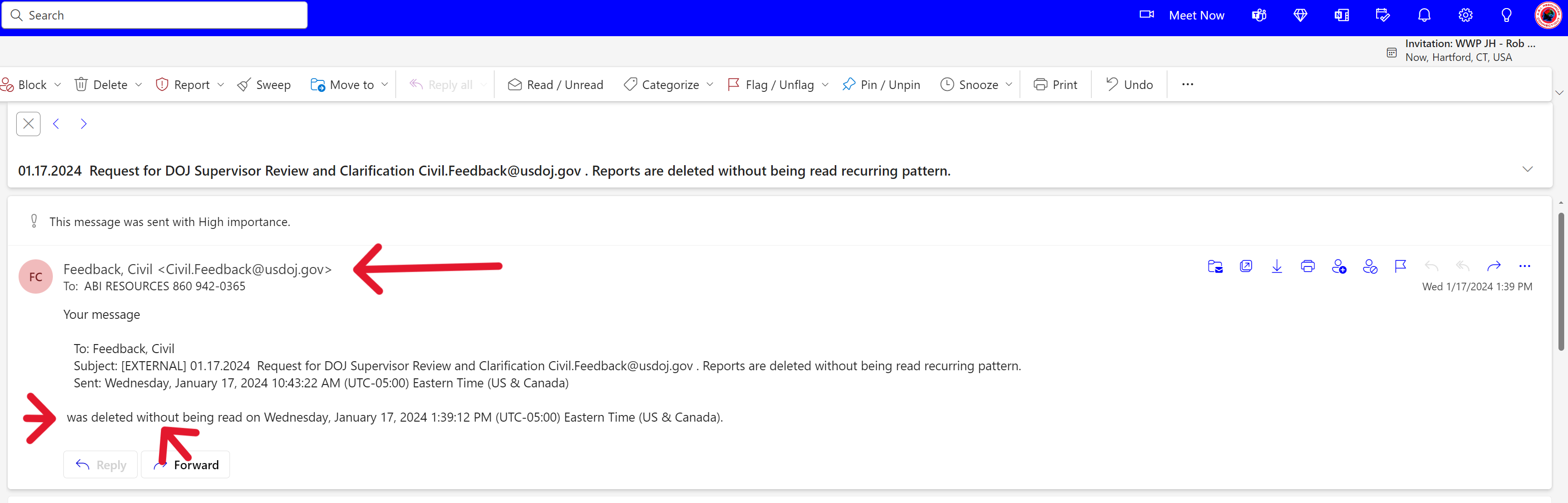 Archived evidence image file: david-medeiros-chro-2510184-20240117-doj-supervisor-review-request-civil-feedback-deleted-without-reading-david-medeiros-com-forensic-archive.png. Filename-based label; verify the image and context independently.