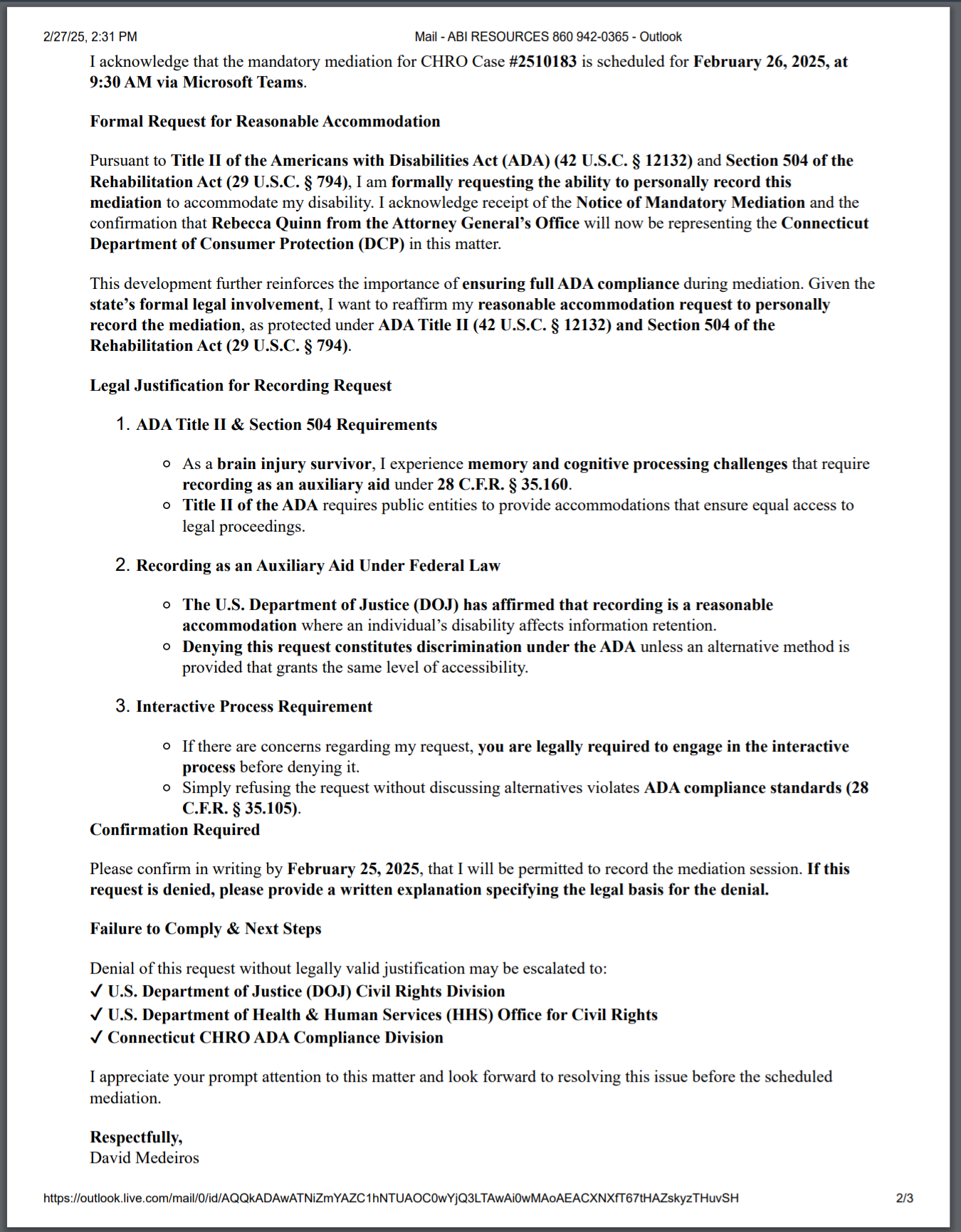 Archived evidence image file: david-medeiros-chro-2510184-20250227-ada-accommodation-request-recording-mediation-chro-2510183-david-medeiros-com-forensic-archive.png. Filename-based label; verify the image and context independently.