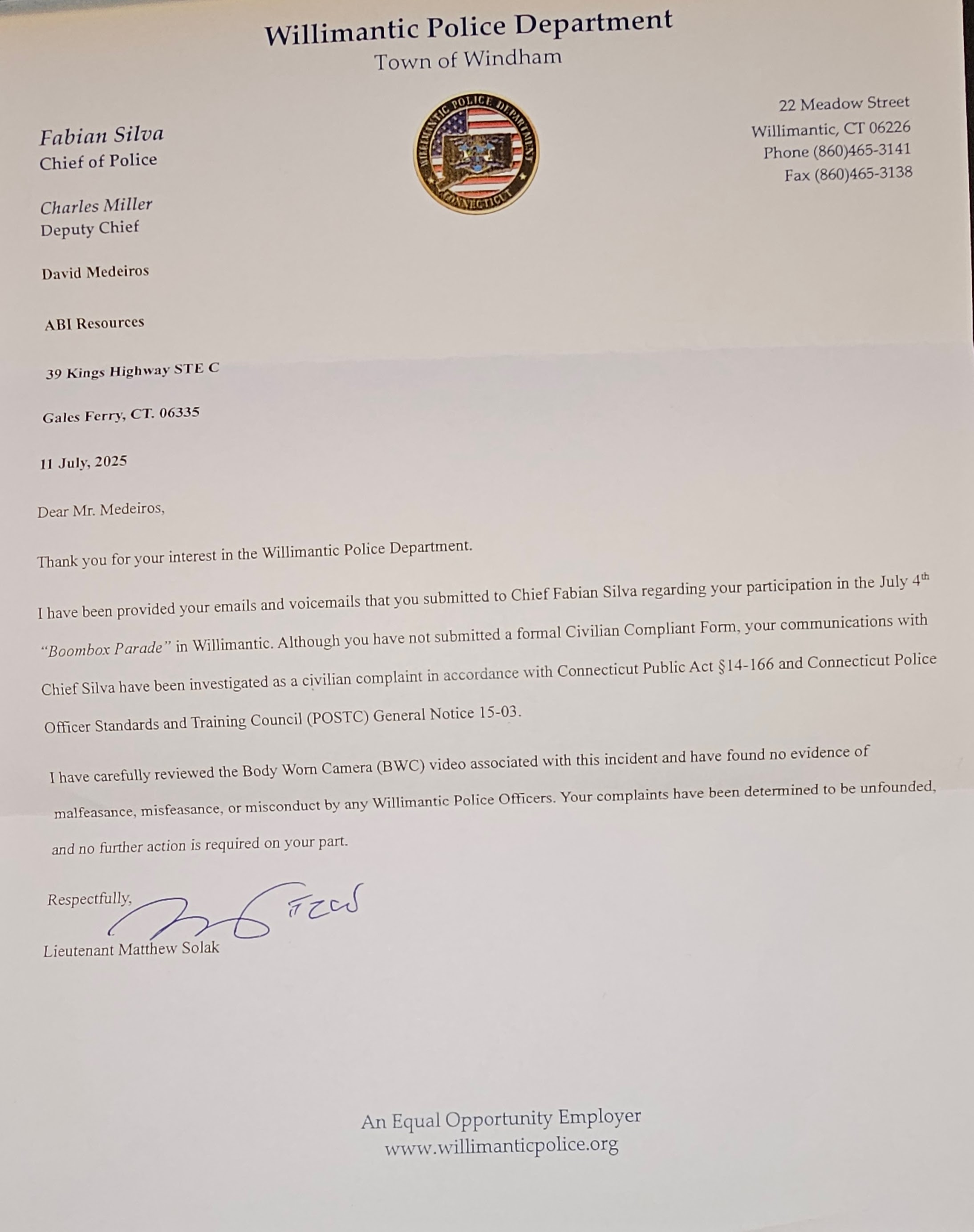 Archived evidence image file: david-medeiros-chro-2510184-20250711-willimantic-police-dismiss-july-4-complaint-no-ada-review-david-medeiros-com-forensic-archive.jpg. Filename-based label; verify the image and context independently.