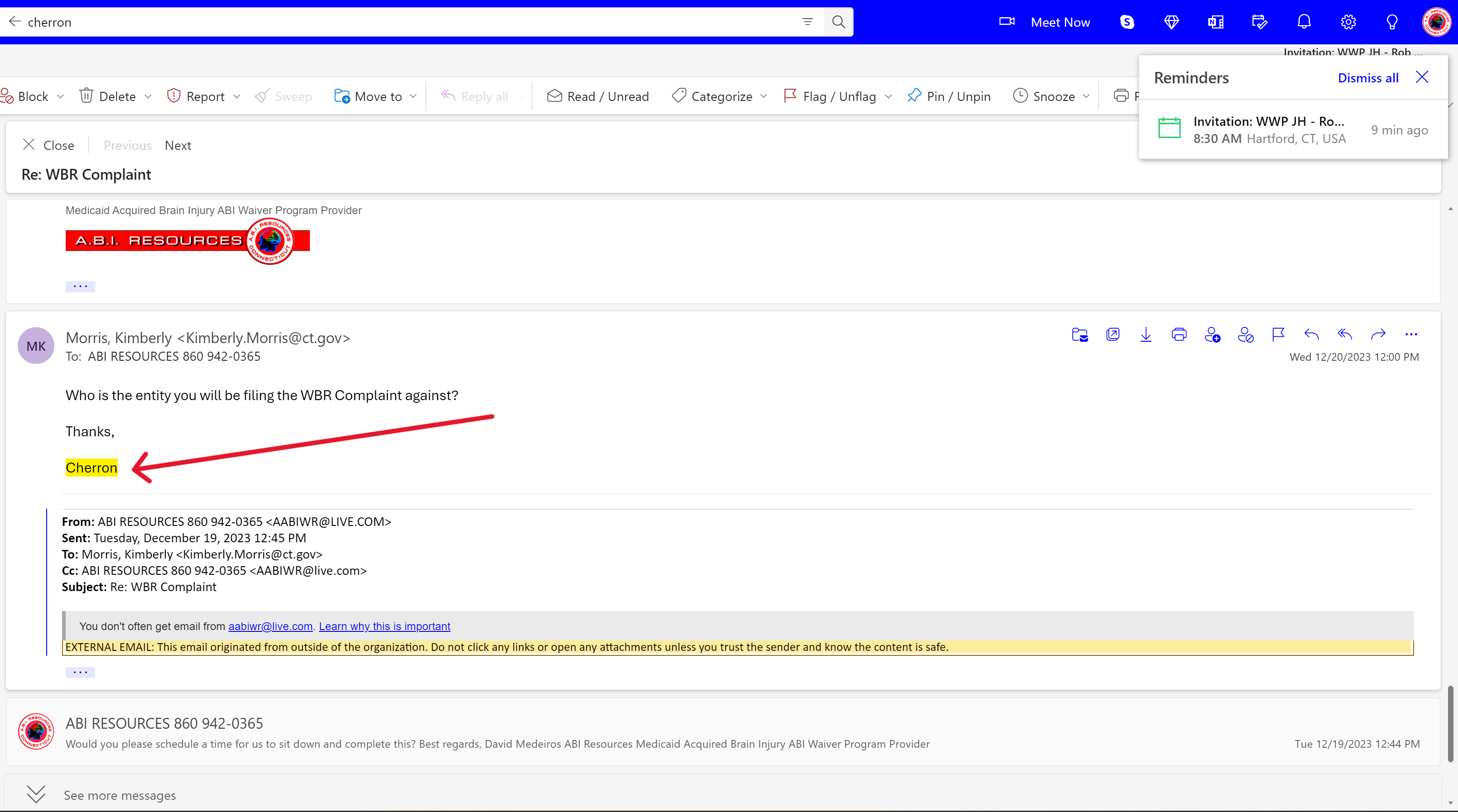 Archived evidence image file: david-medeiros-medicaid-olmstead-national-doj-hhs-fbi-cms-chro-2510184-20231220-cherron-payne-wbr-complaint-entity-question-2-whistleblower-retaliation-ada-title-ii-abi-waiver-freedom-of-choice-david-medeiros-com-forensic-archive.png. Filename-based label; verify the image and context independently.