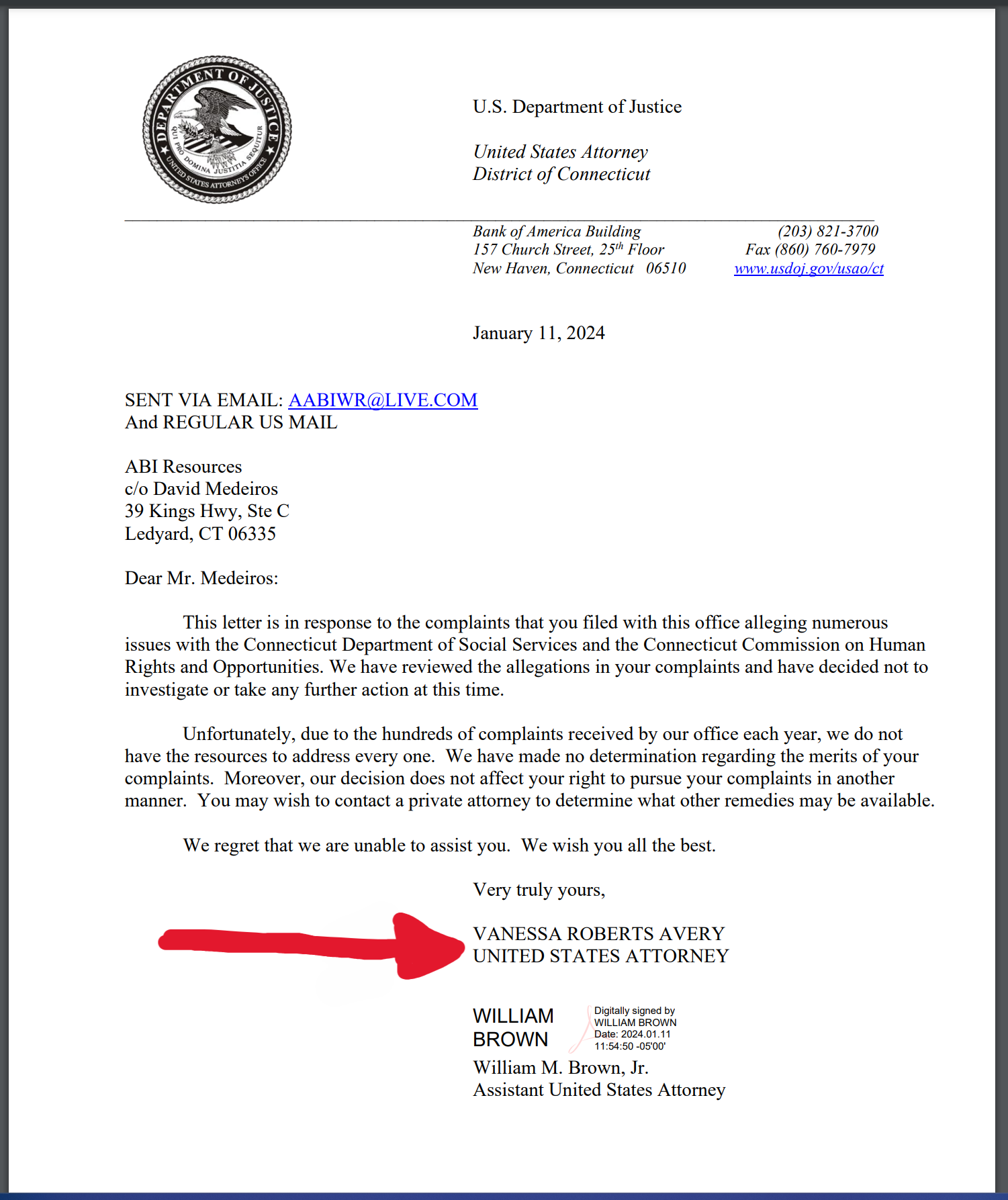 Archived evidence image file: david-medeiros-medicaid-olmstead-national-doj-hhs-fbi-cms-chro-2510184-20240111-us-attorney-vanessa-roberts-avery-no-action-whistleblower-retaliation-ada-title-ii-abi-waiver-freedom-of-choice-david-medeiros-com-forensic-archive.png. Filename-based label; verify the image and context independently.