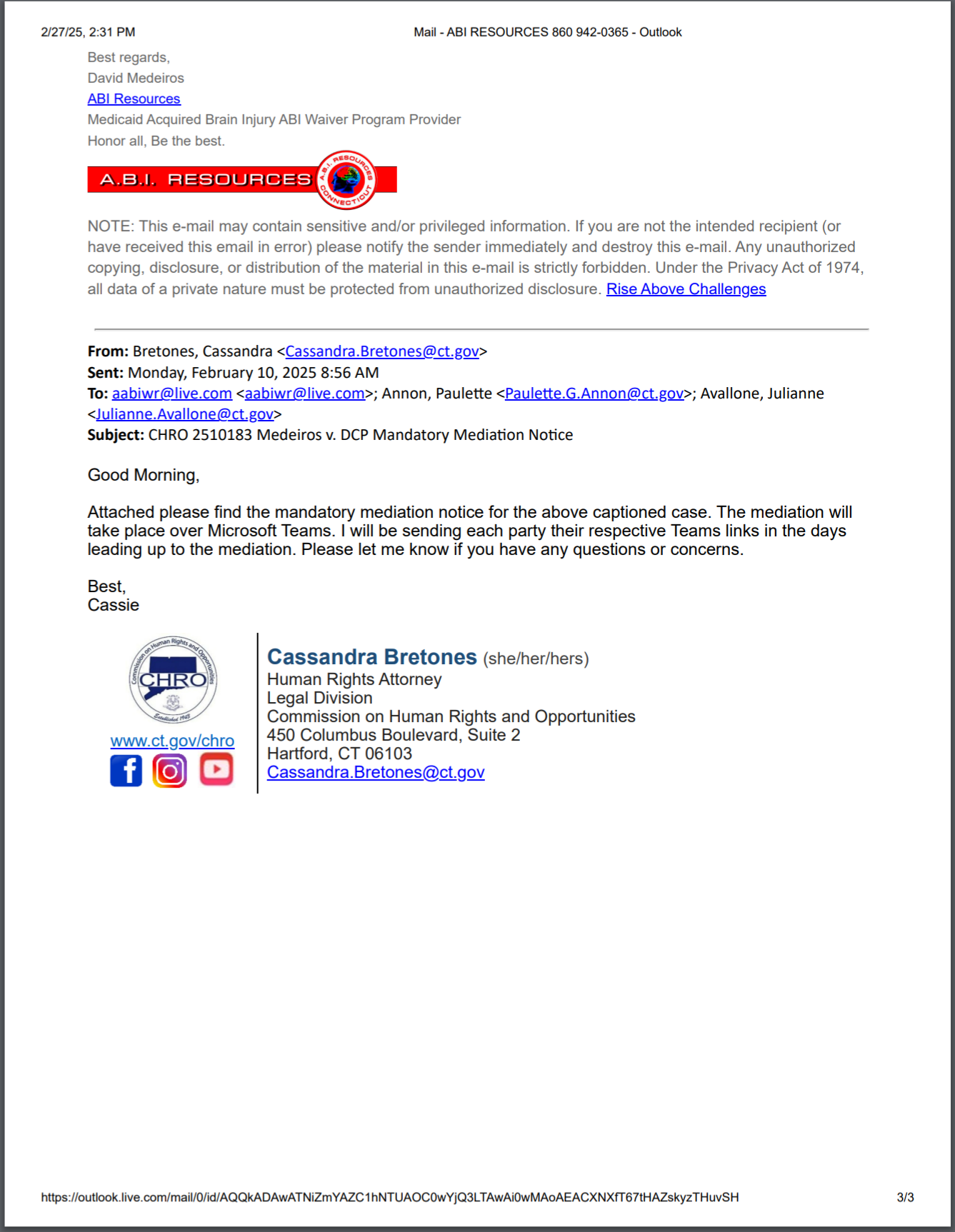 Archived evidence image file: david-medeiros-medicaid-olmstead-national-doj-hhs-fbi-cms-chro-2510184-20250210-chro-mediation-notice-cassandra-bretones-abi-resources-whistleblower-retaliation-spoliation-ada-title-ii-abi-waiver-freedom-of-choice-david-medeiros-com-forensic-archive.png. Filename-based label; verify the image and context independently.