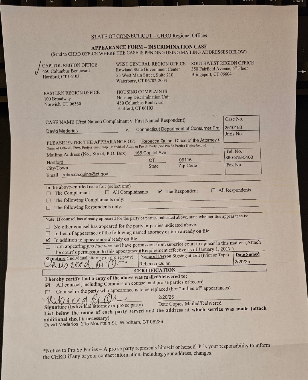 Archived evidence image file: david-medeiros-medicaid-olmstead-national-doj-hhs-fbi-cms-chro-2510184-20250220-chro-2510183-appearance-form-rebecca-quinn-respondent-whistleblower-retaliation-ada-title-ii-abi-waiver-freedom-of-choice-david-medeiros-com-forensic-archive.jpg. Filename-based label; verify the image and context independently.
