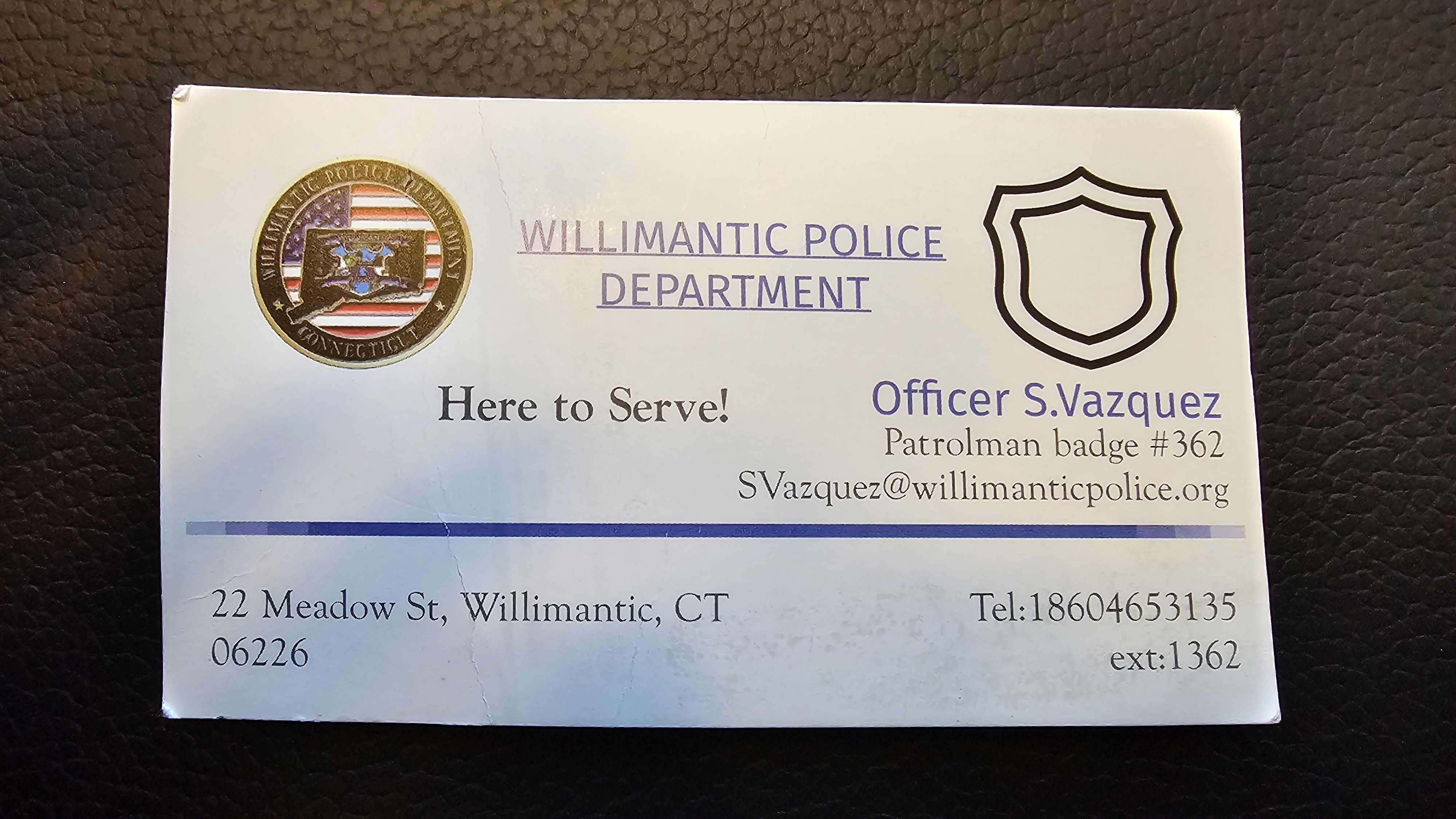 Archived evidence image file: david-medeiros-medicaid-olmstead-national-doj-hhs-fbi-cms-chro-2510184-20250626-willimantic-police-officer-s-vazquez-business-card-serve-whistleblower-retaliation-ada-title-ii-abi-waiver-freedom-of-choice-david-medeiros-com-forensic-archive.jpg. Filename-based label; verify the image and context independently.