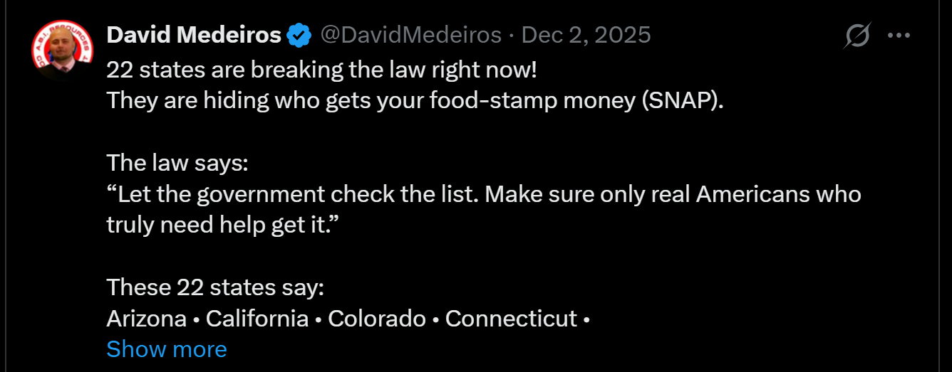 Archived evidence image file: medeiros-livewire-whistleblower-evidence-22-states-breaking-law-hiding-snap-recipient-data-federal-audit-david-medeiros-2026-04-14-090937-seq-0268.png. Filename-based label; verify the image and context independently.