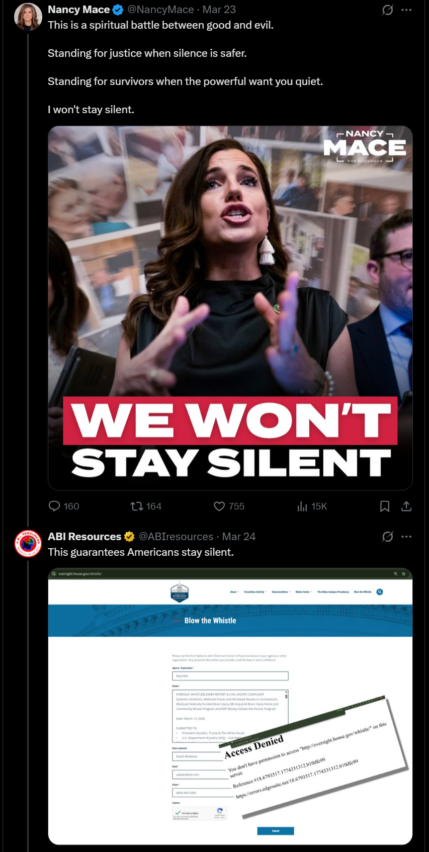 Archived evidence image file: medeiros-livewire-whistleblower-evidence-abi-resources-nancy-mace-spiritual-battle-good-evil-whistleblower-protection-oversight-denied-2026-04-14-102851-seq-0493.png. Filename-based label; verify the image and context independently.